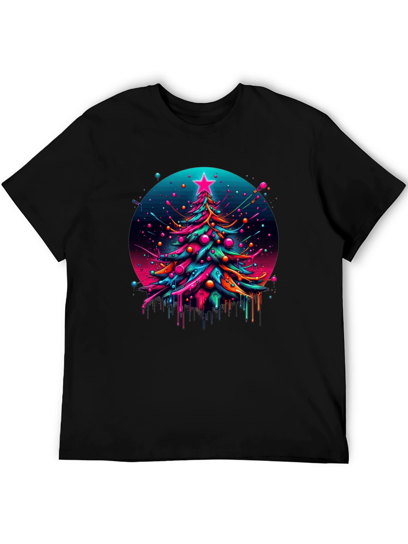 Neon Christmas Tree Graphic Black T-Shirt