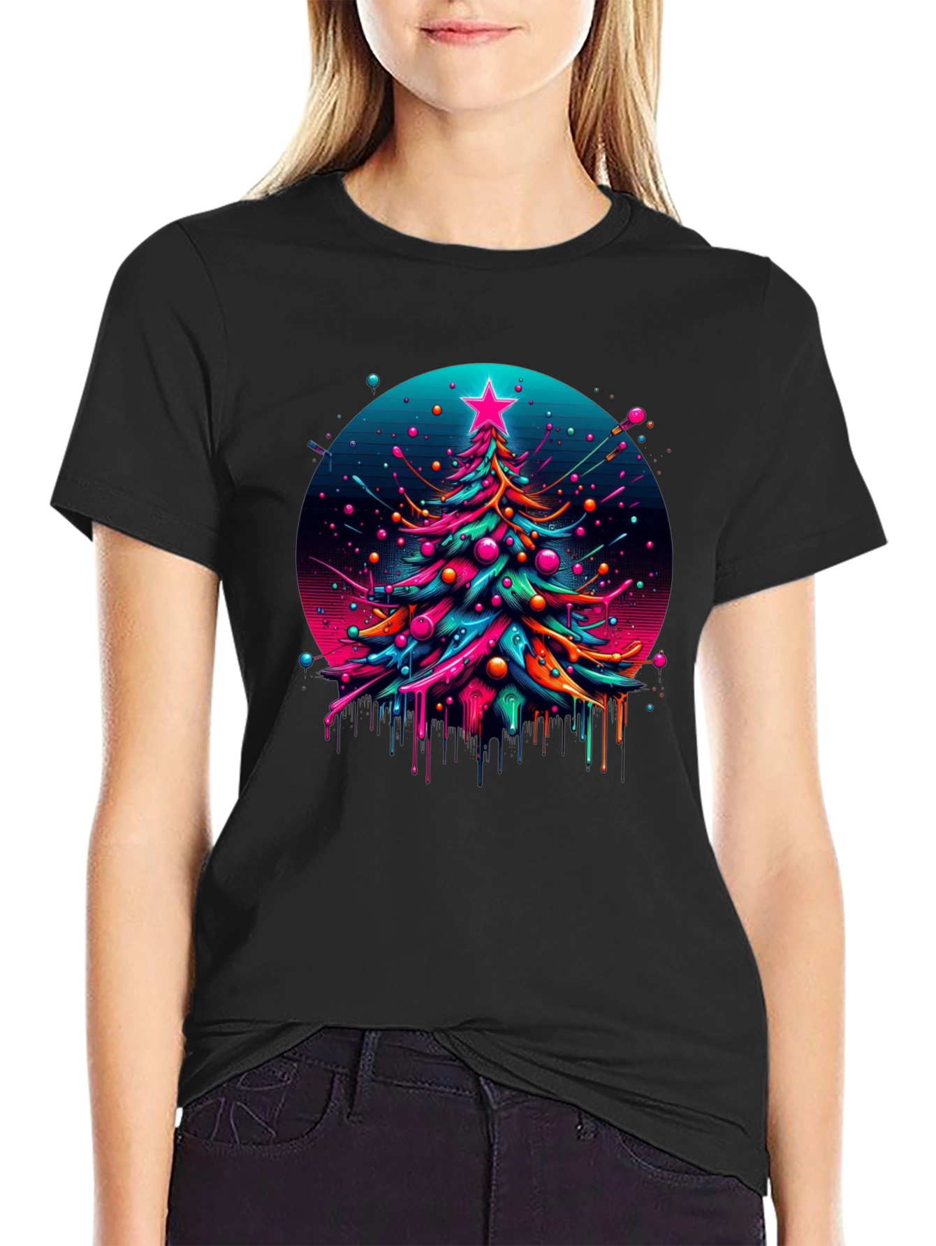 Neon Christmas Tree Graphic Black T-Shirt
