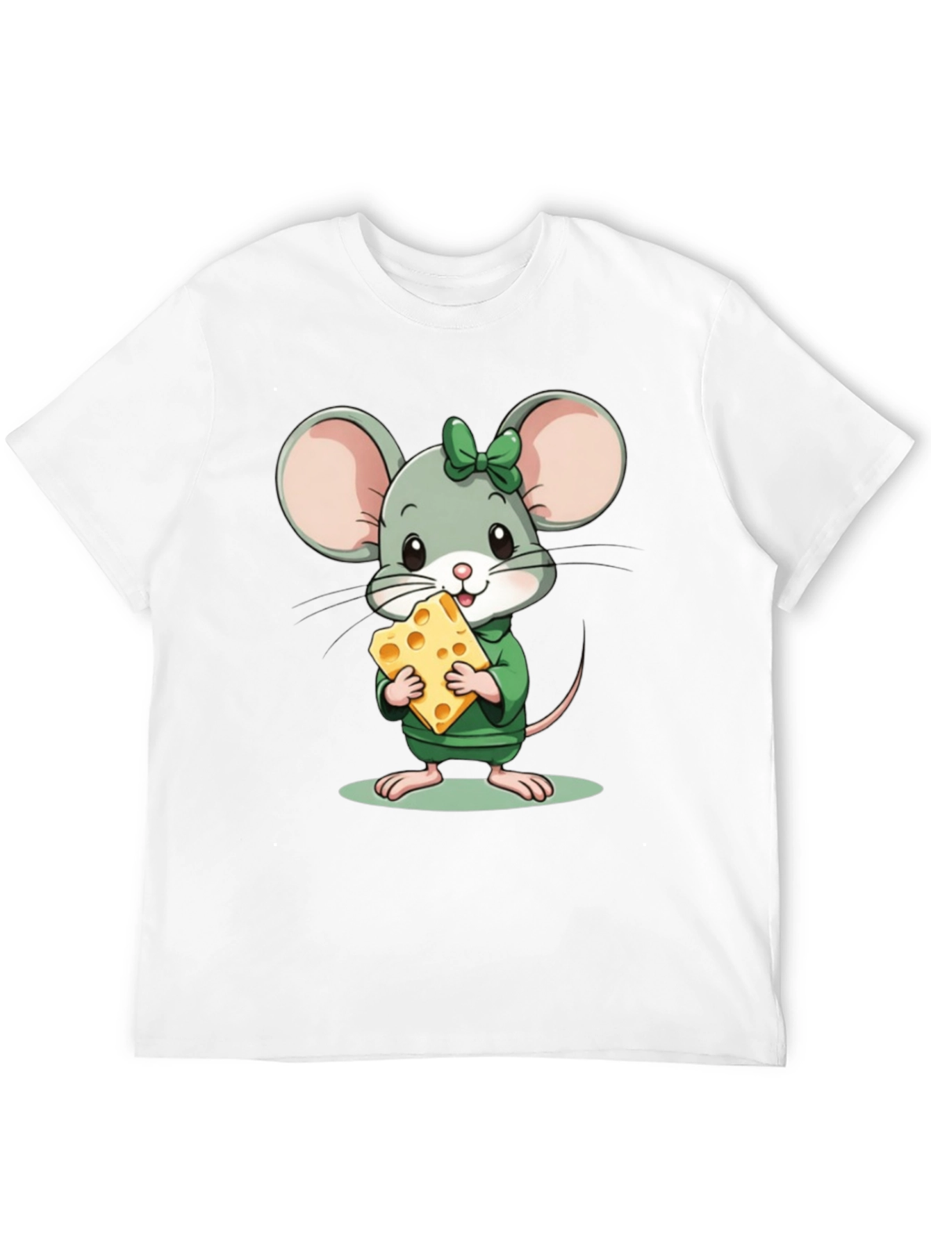 Cute Cartoon Mouse with Cheese Black T-Shirt