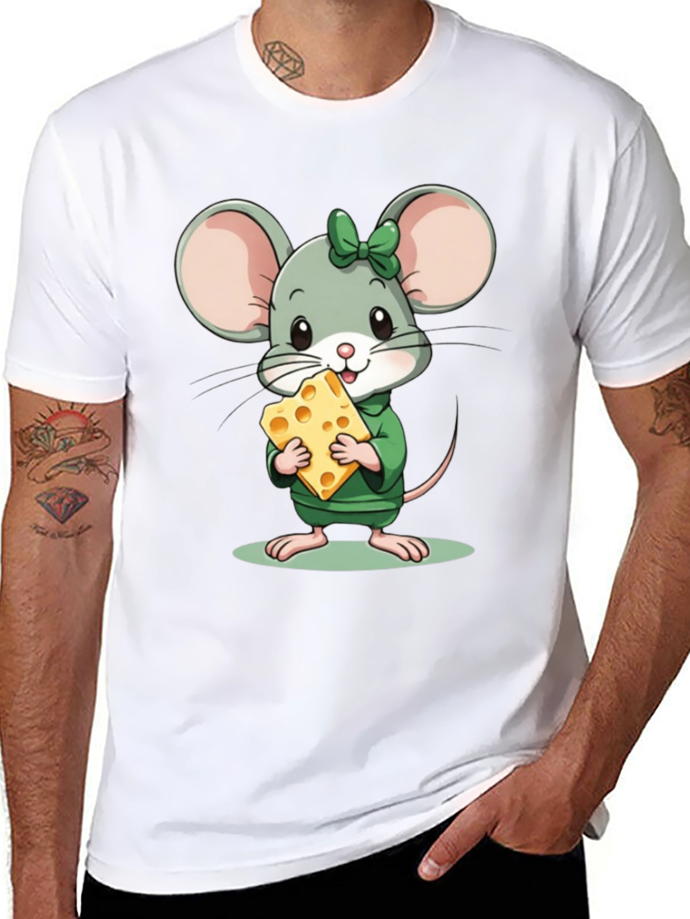 Cute Cartoon Mouse with Cheese Black T-Shirt