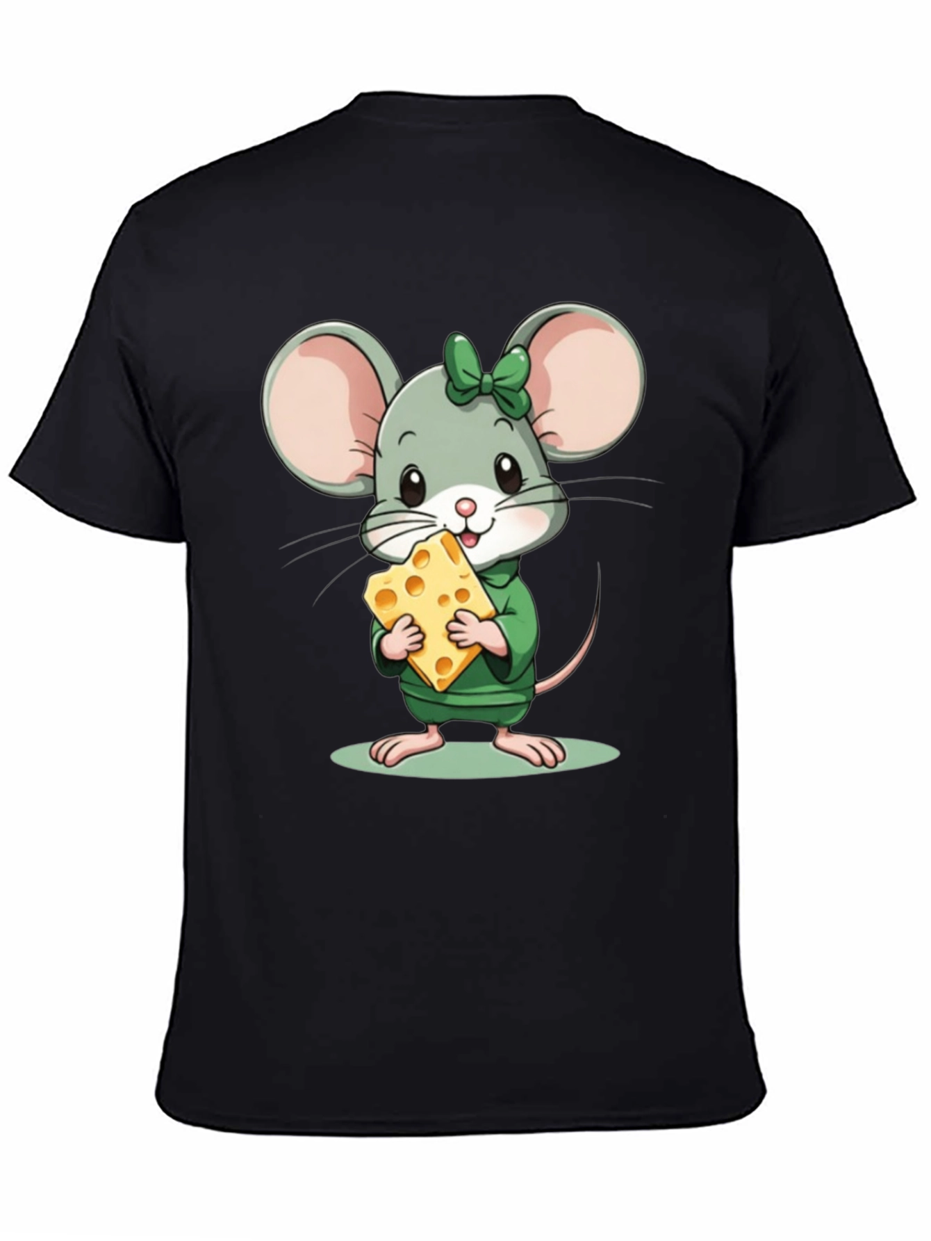 Cute Cartoon Mouse with Cheese Black T-Shirt