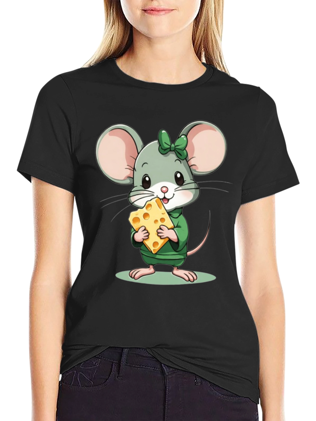 Cute Cartoon Mouse with Cheese Black T-Shirt