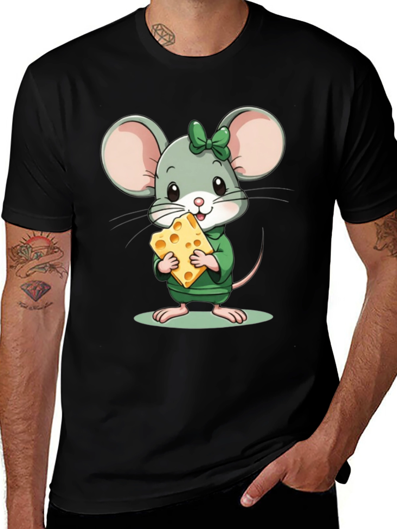 Cute Cartoon Mouse with Cheese Black T-Shirt