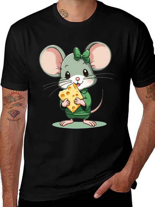 Cute Cartoon Mouse with Cheese Black T-Shirt