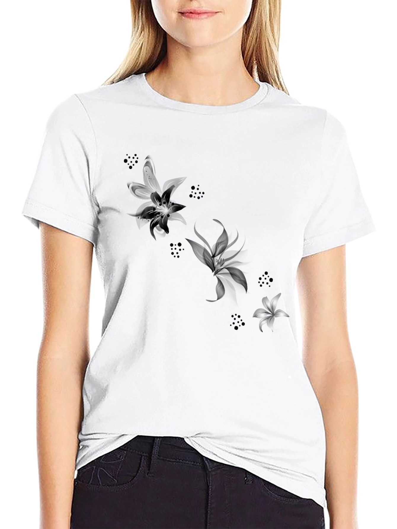 Black Floral Print Crewneck T-Shirt