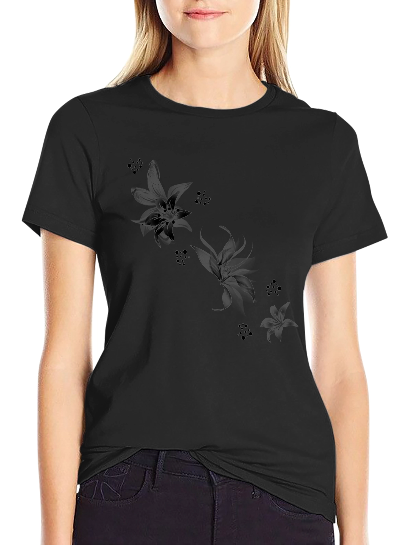 Black Floral Print Crewneck T-Shirt
