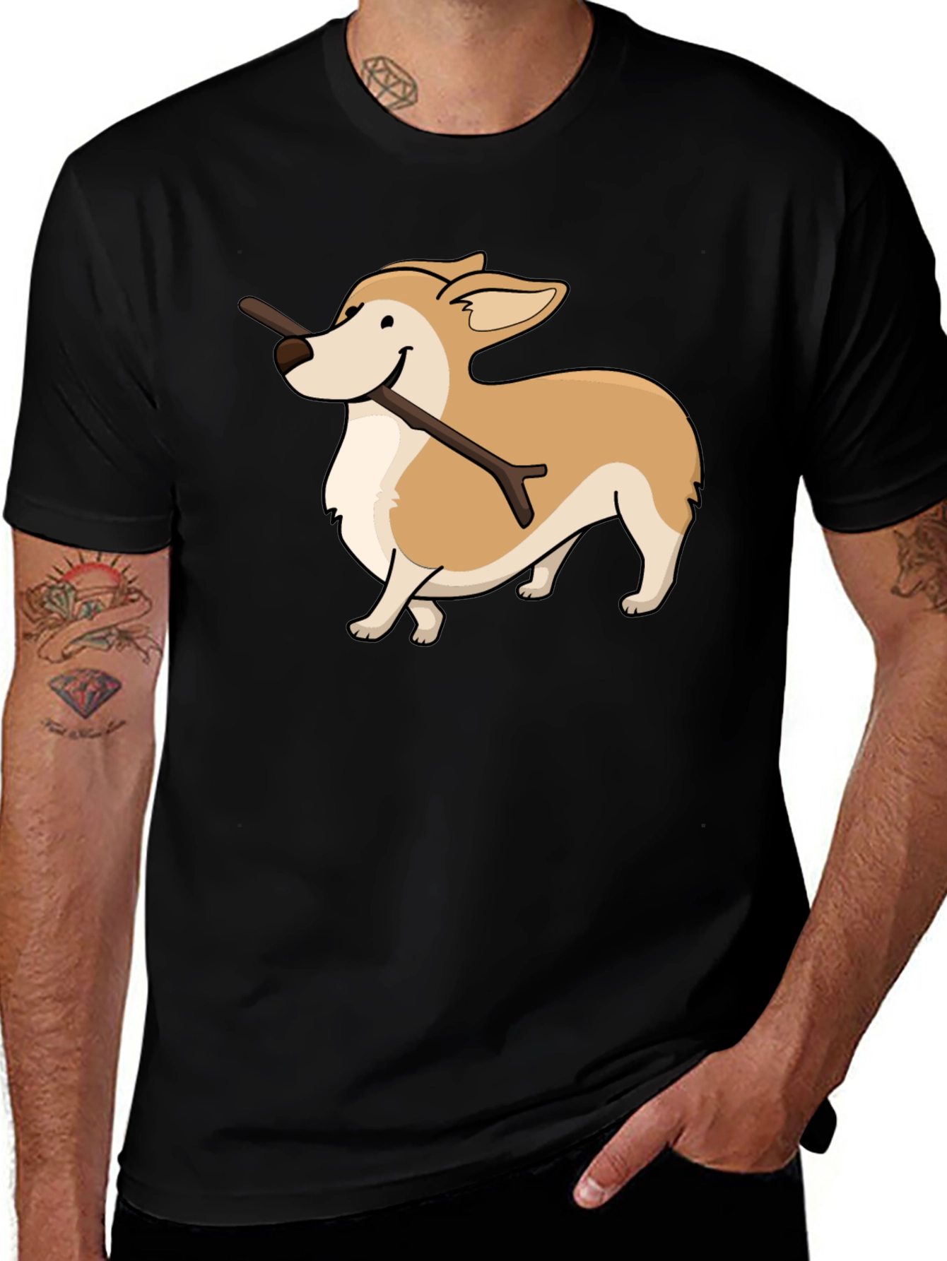 Corgi With Stick Graphic T-Shirt