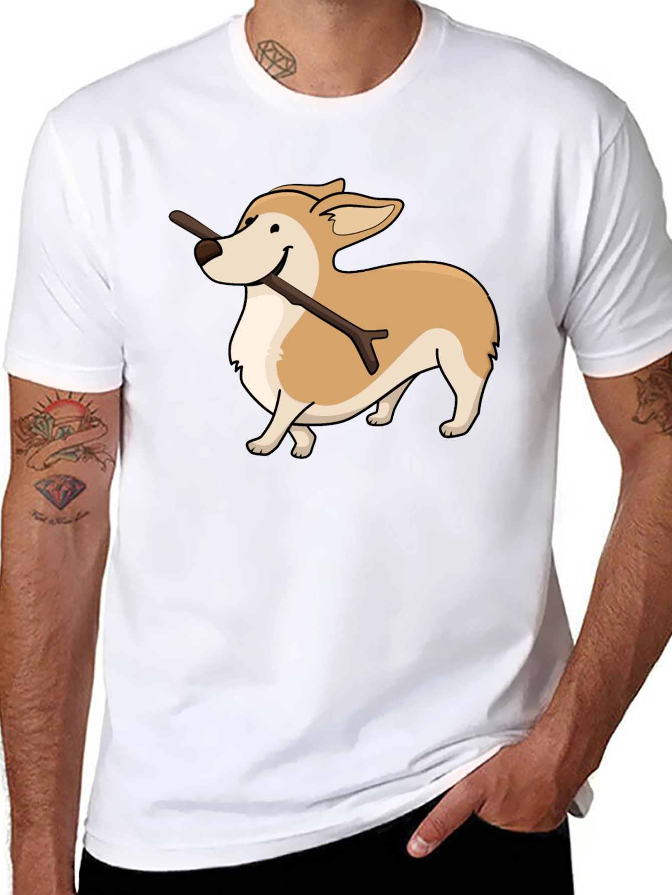 Corgi With Stick Graphic T-Shirt
