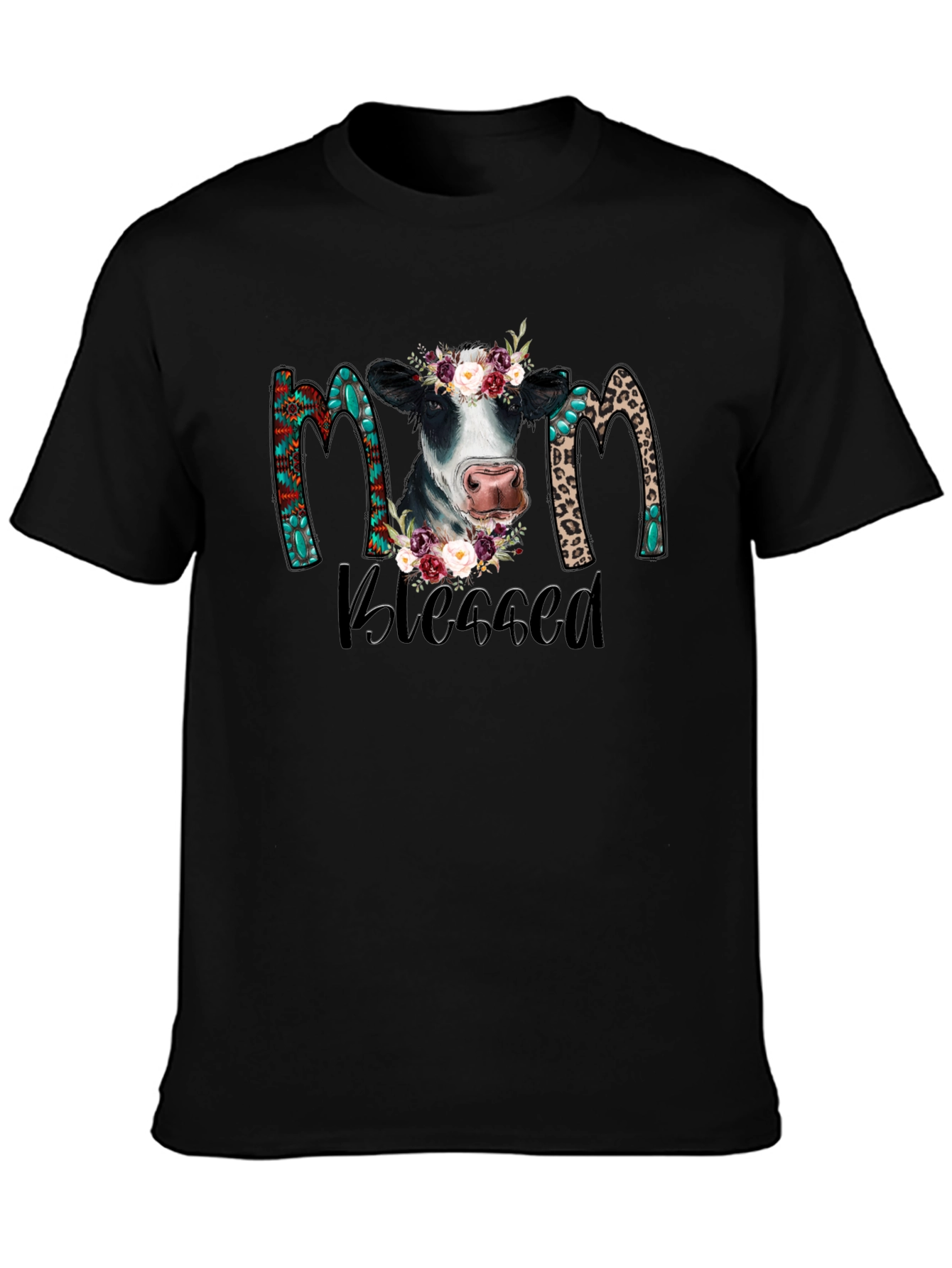 Blessed Mom Cow Graphic Tee - Black