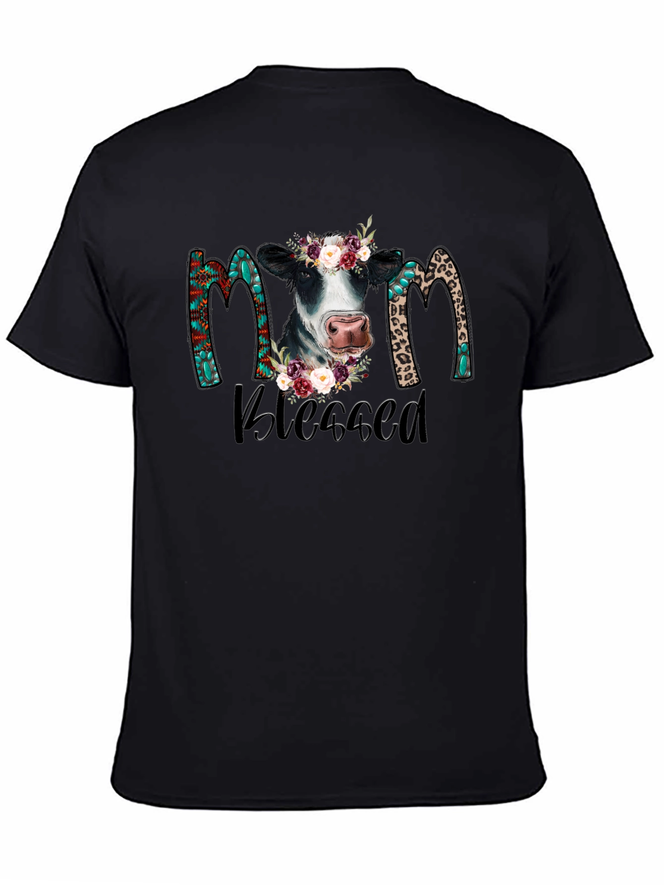 Blessed Mom Cow Graphic Tee - Black