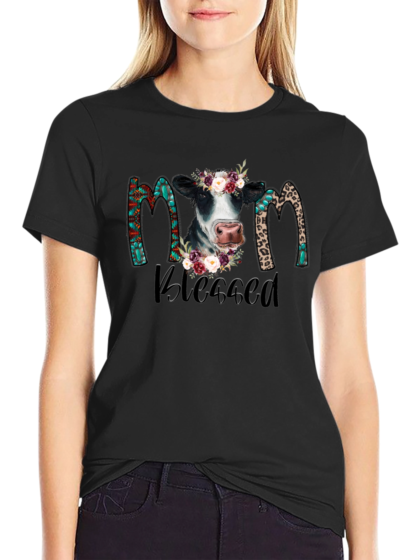 Blessed Mom Cow Graphic Tee - Black