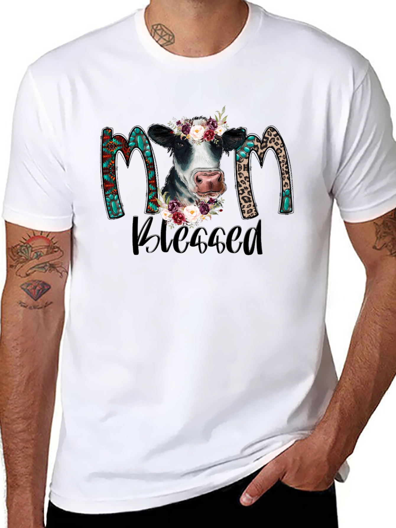 Blessed Mom Cow Graphic Tee - Black