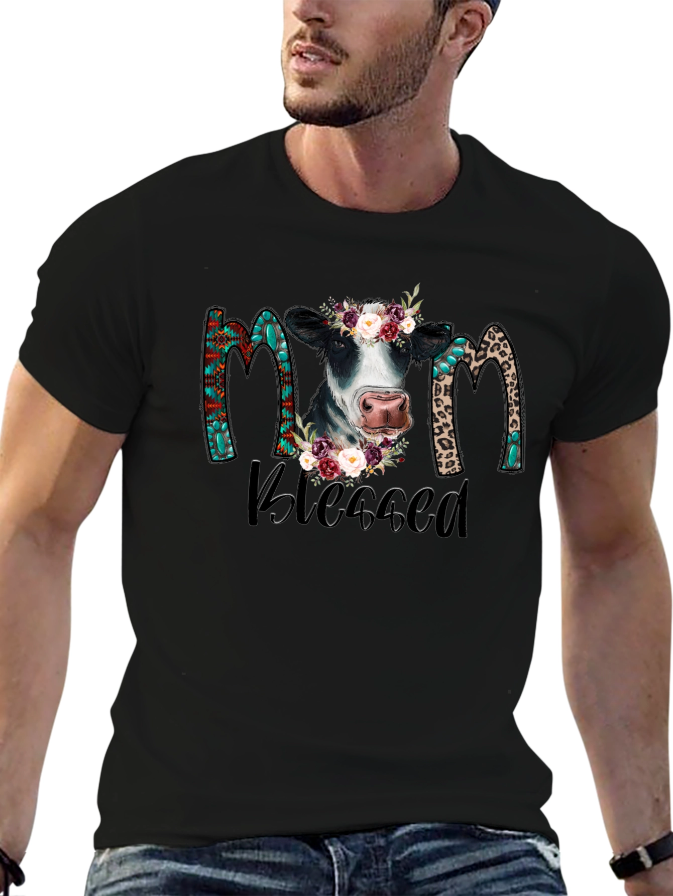 Blessed Mom Cow Graphic Tee - Black