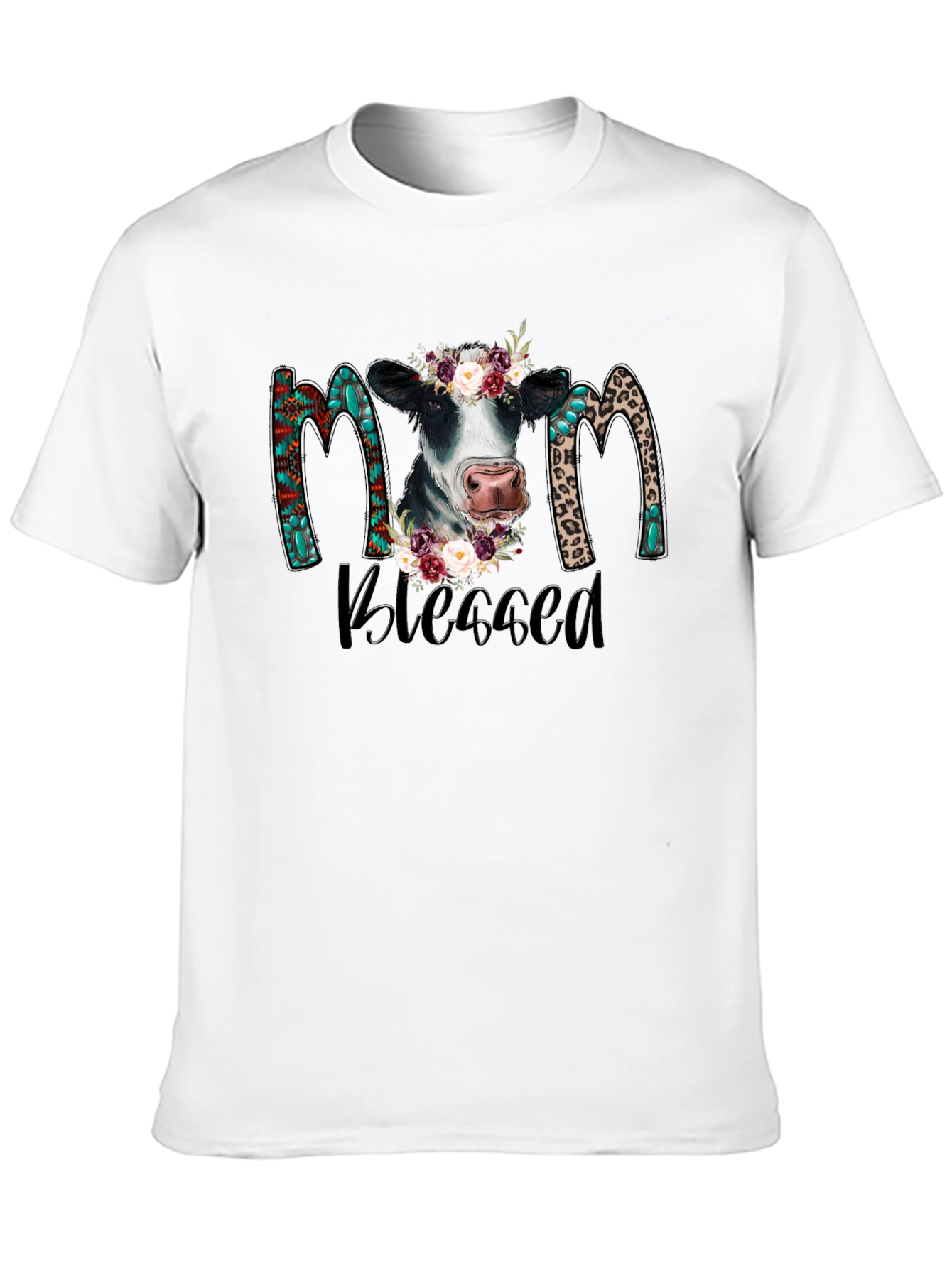 Blessed Mom Cow Graphic Tee - Black