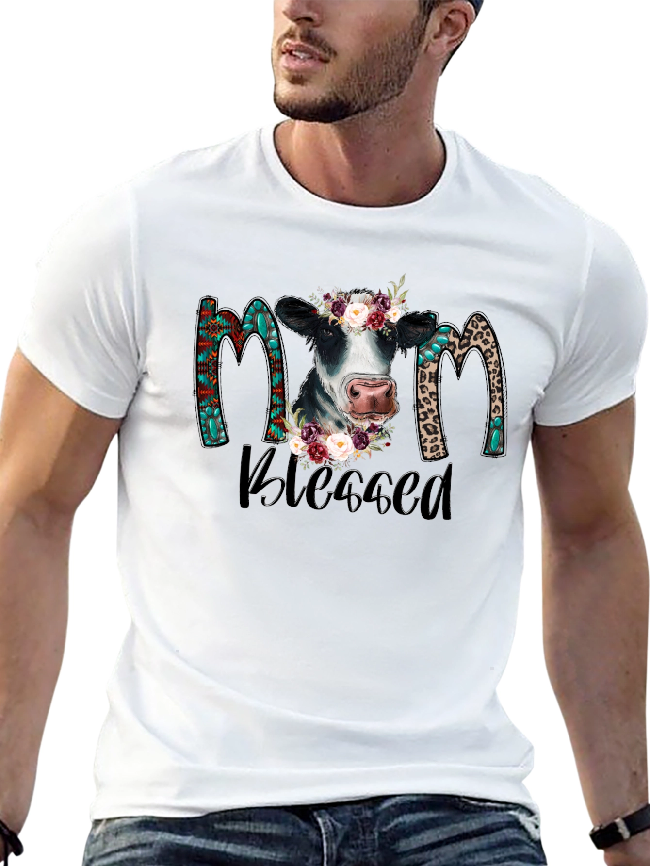 Blessed Mom Cow Graphic Tee - Black