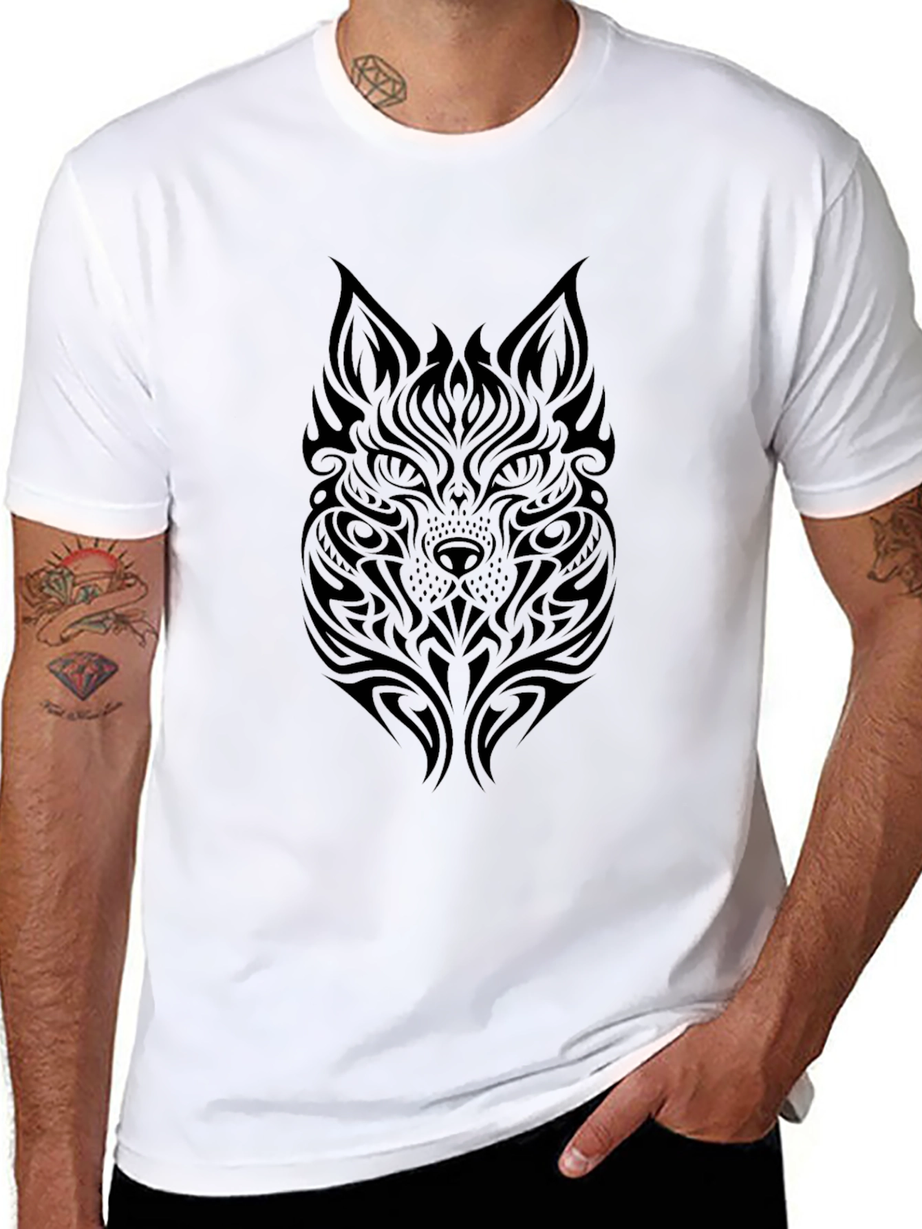 Tribal Wolf Graphic Tee - Soft Black Cotton T-Shirt