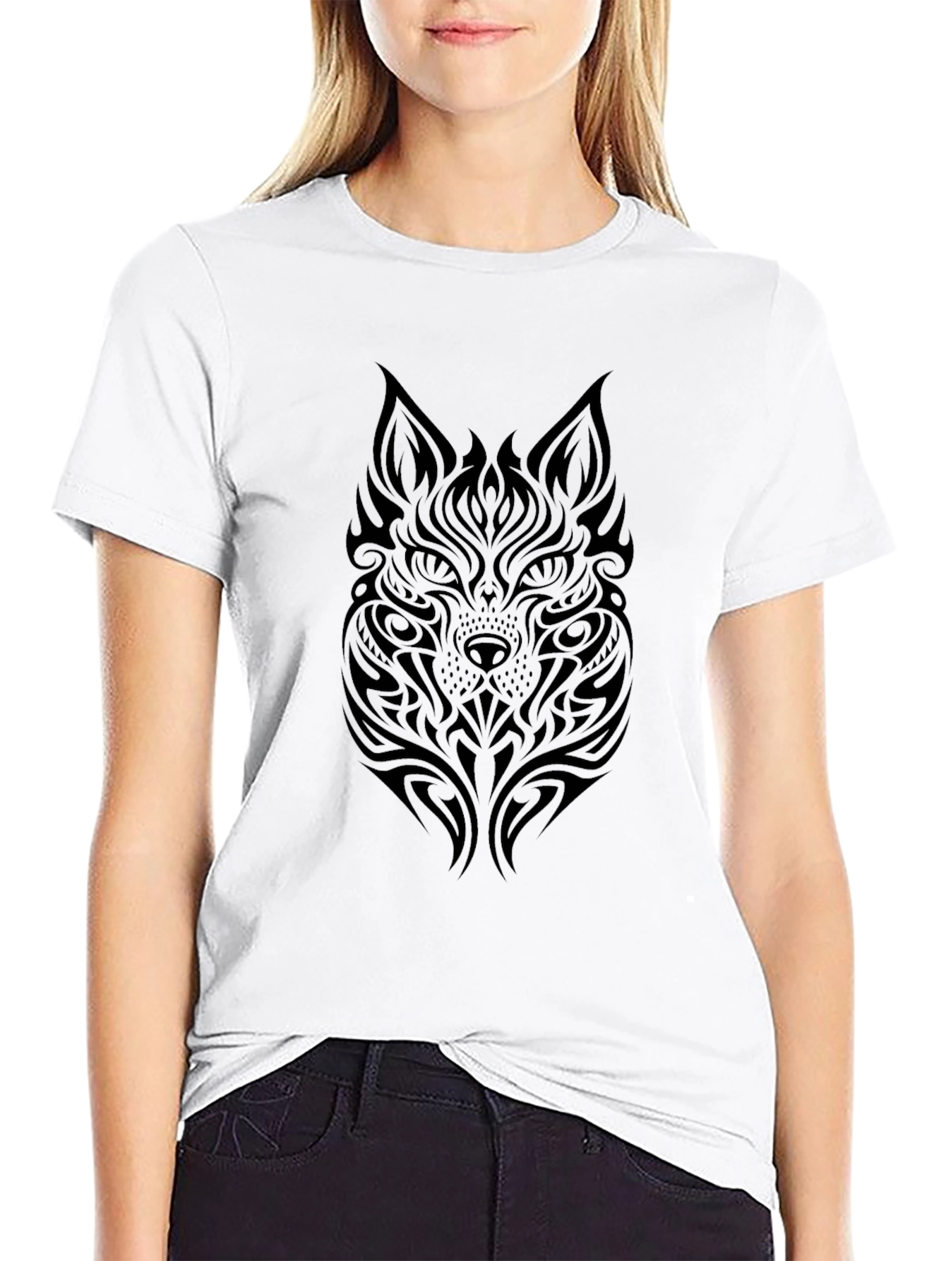 Tribal Wolf Graphic Tee - Soft Black Cotton T-Shirt