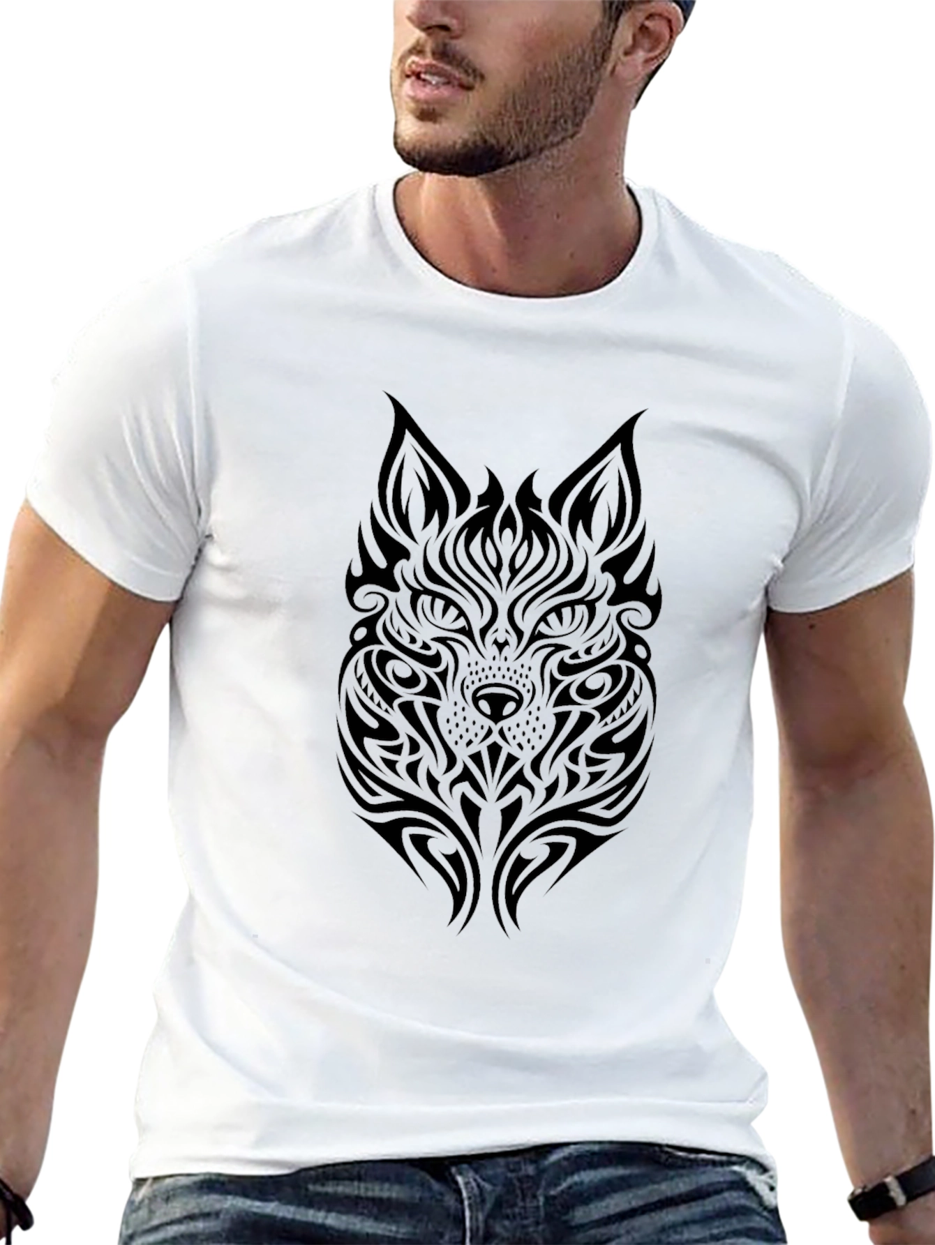 Tribal Wolf Graphic Tee - Soft Black Cotton T-Shirt
