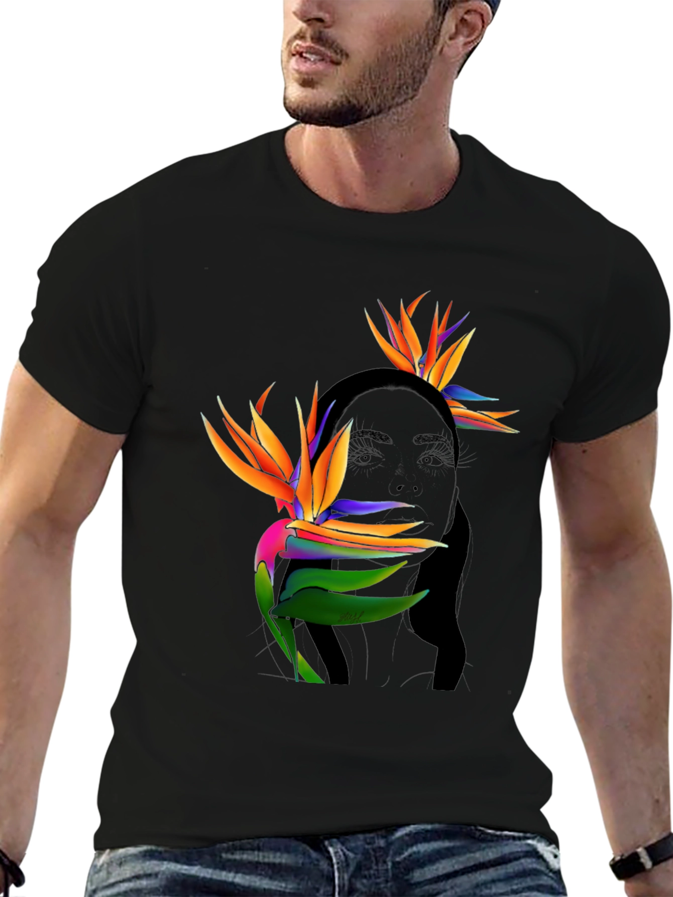 Tropical Birds of Paradise Graphic Tee - Black