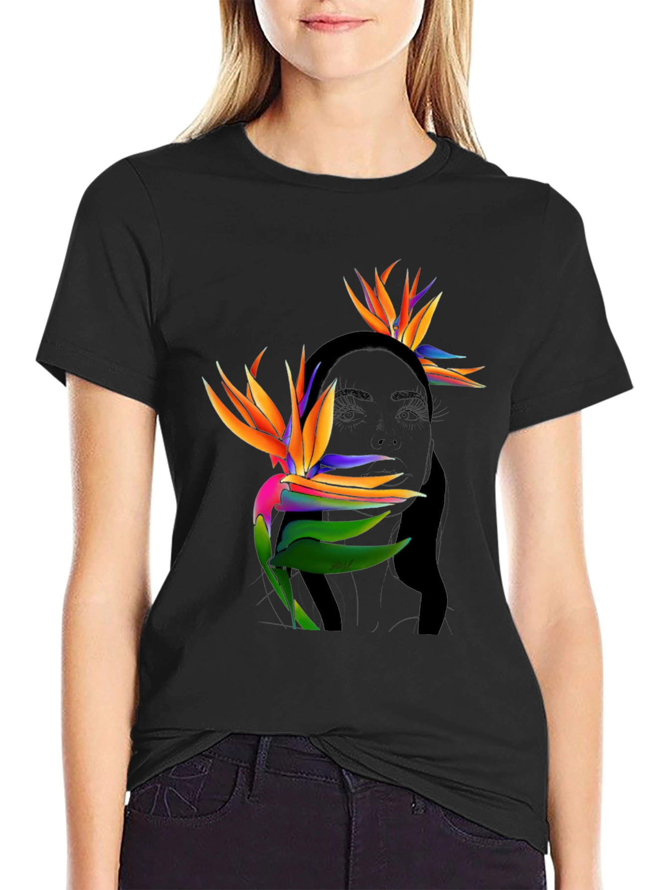 Tropical Birds of Paradise Graphic Tee - Black