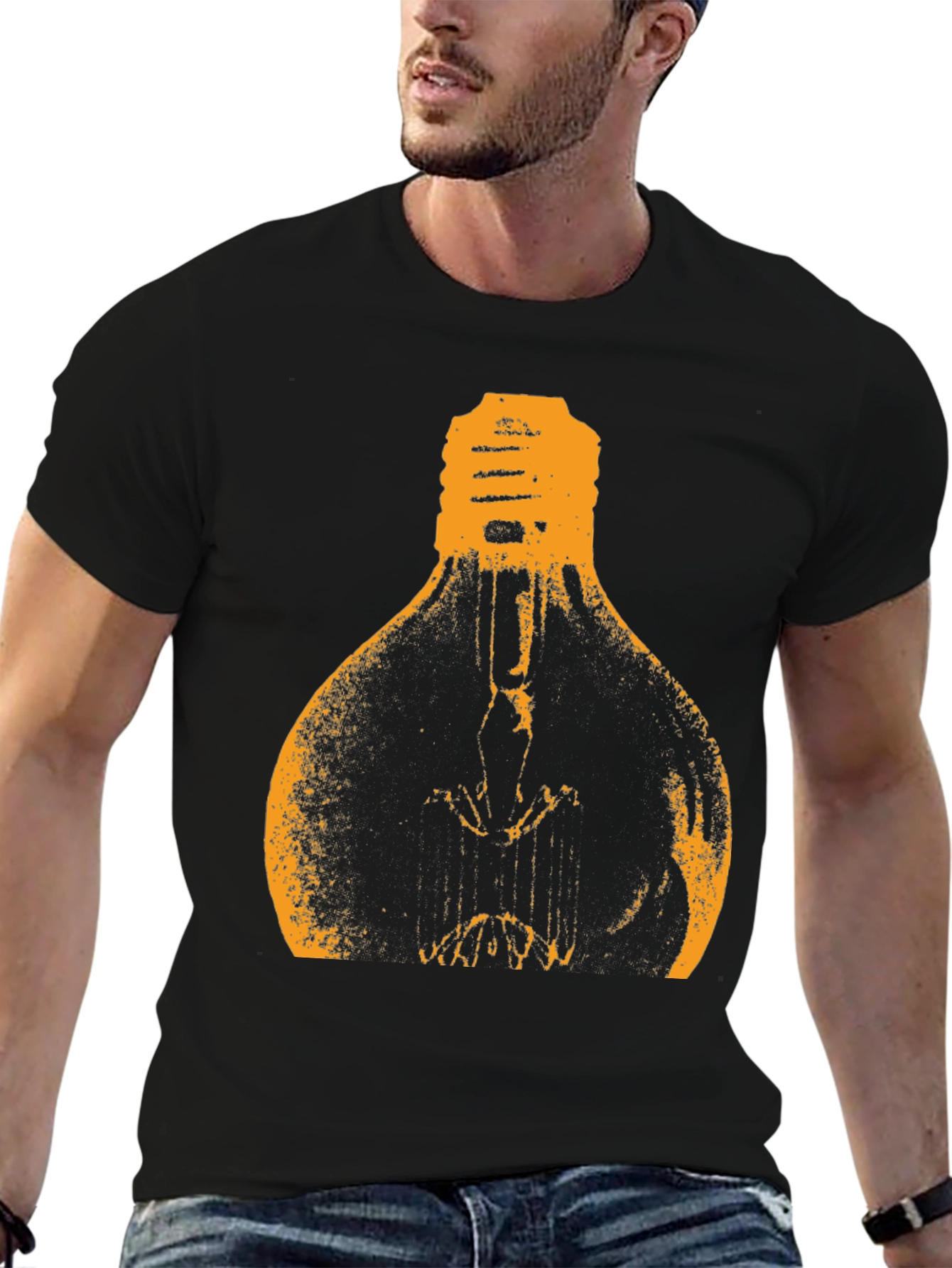 Mens Black T-Shirt with Light Bulb Graphic
