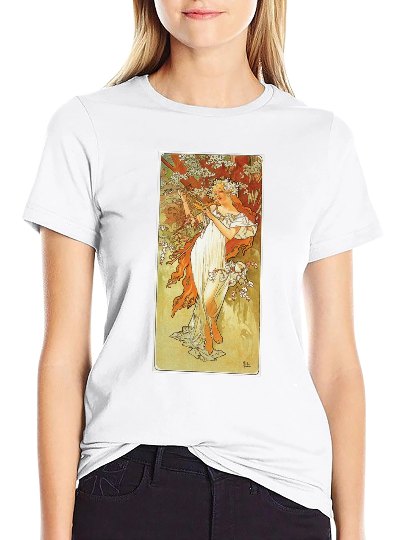 Art Nouveau Lady Print Black T-Shirt