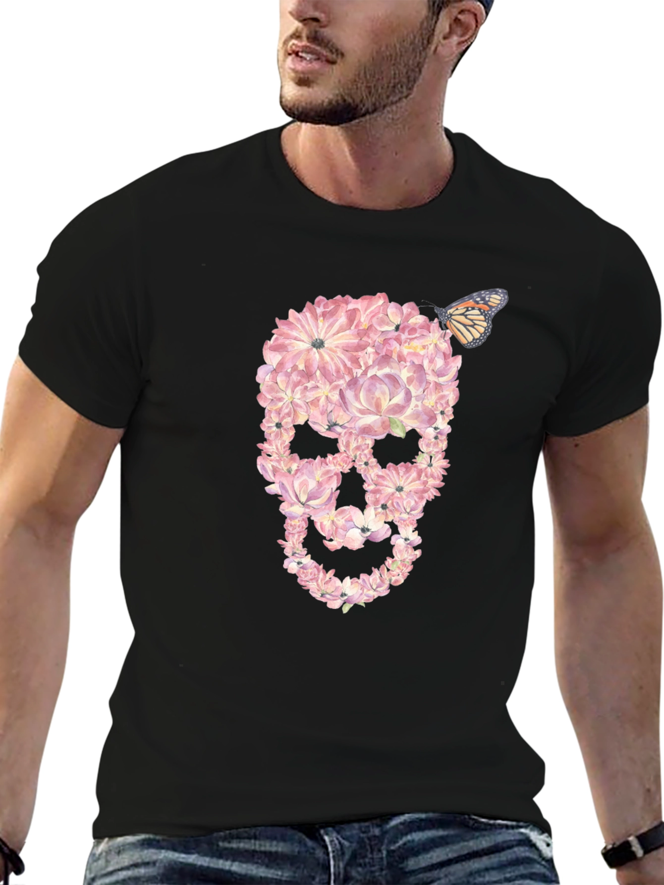Floral Skull T-Shirt with Butterfly Graphic