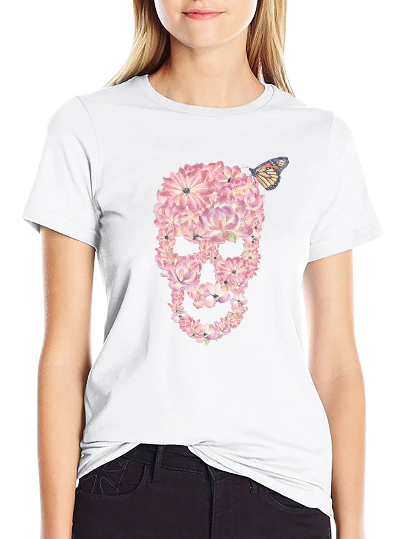 Floral Skull T-Shirt with Butterfly Graphic