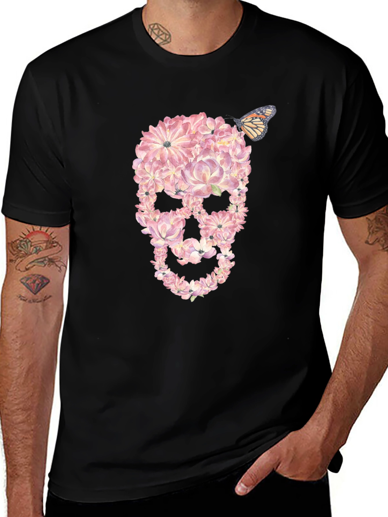 Floral Skull T-Shirt with Butterfly Graphic