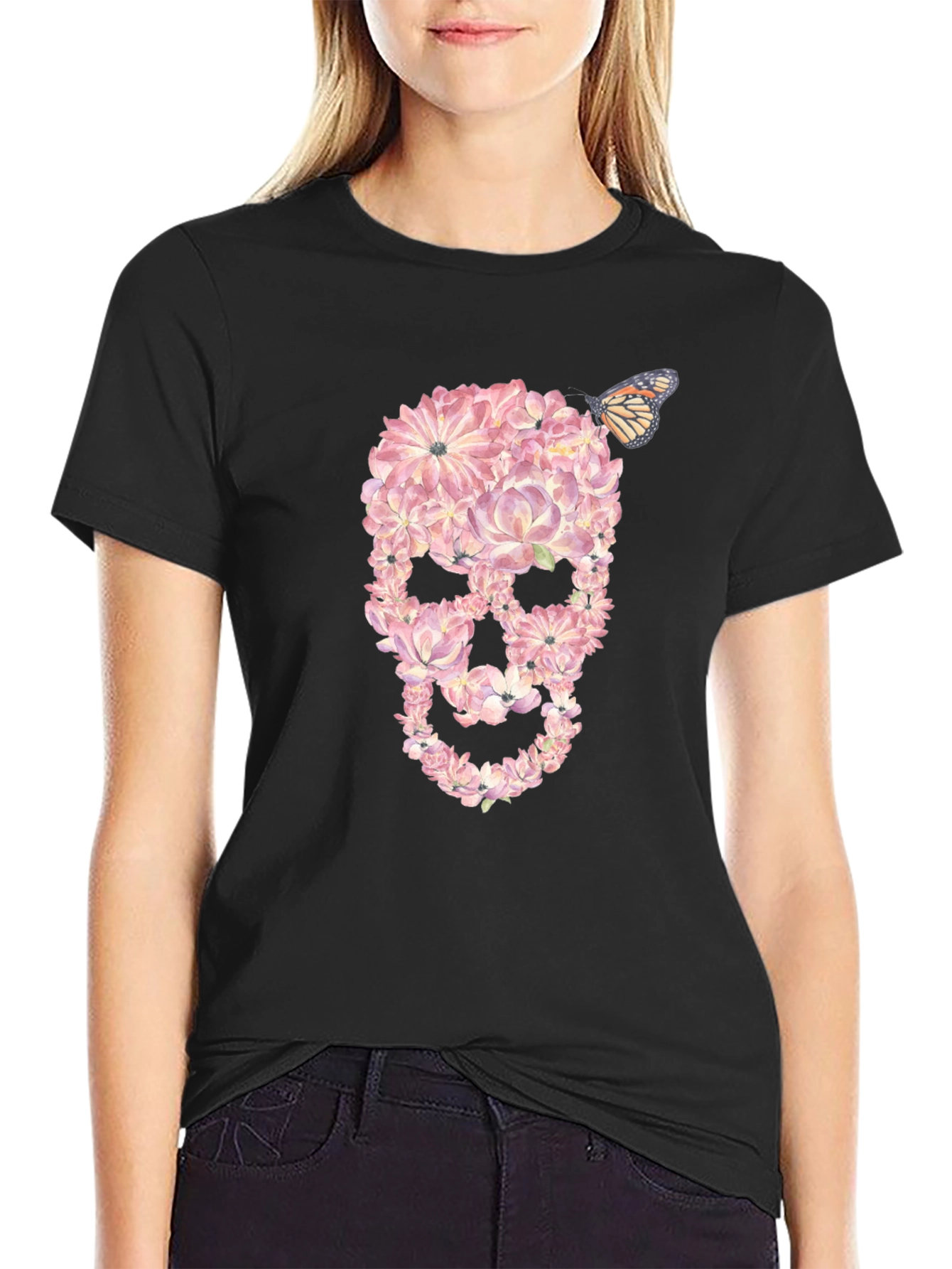 Floral Skull T-Shirt with Butterfly Graphic