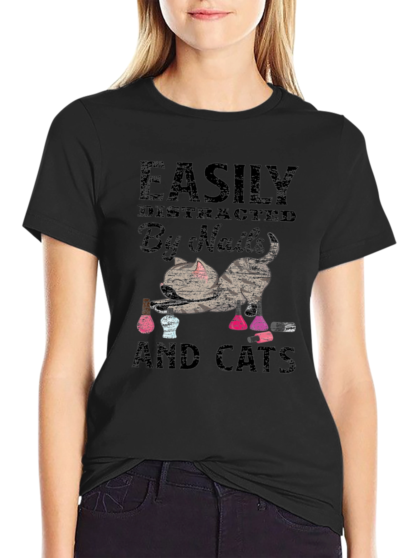 Easily Distracted By Nails & Cats Graphic Tee