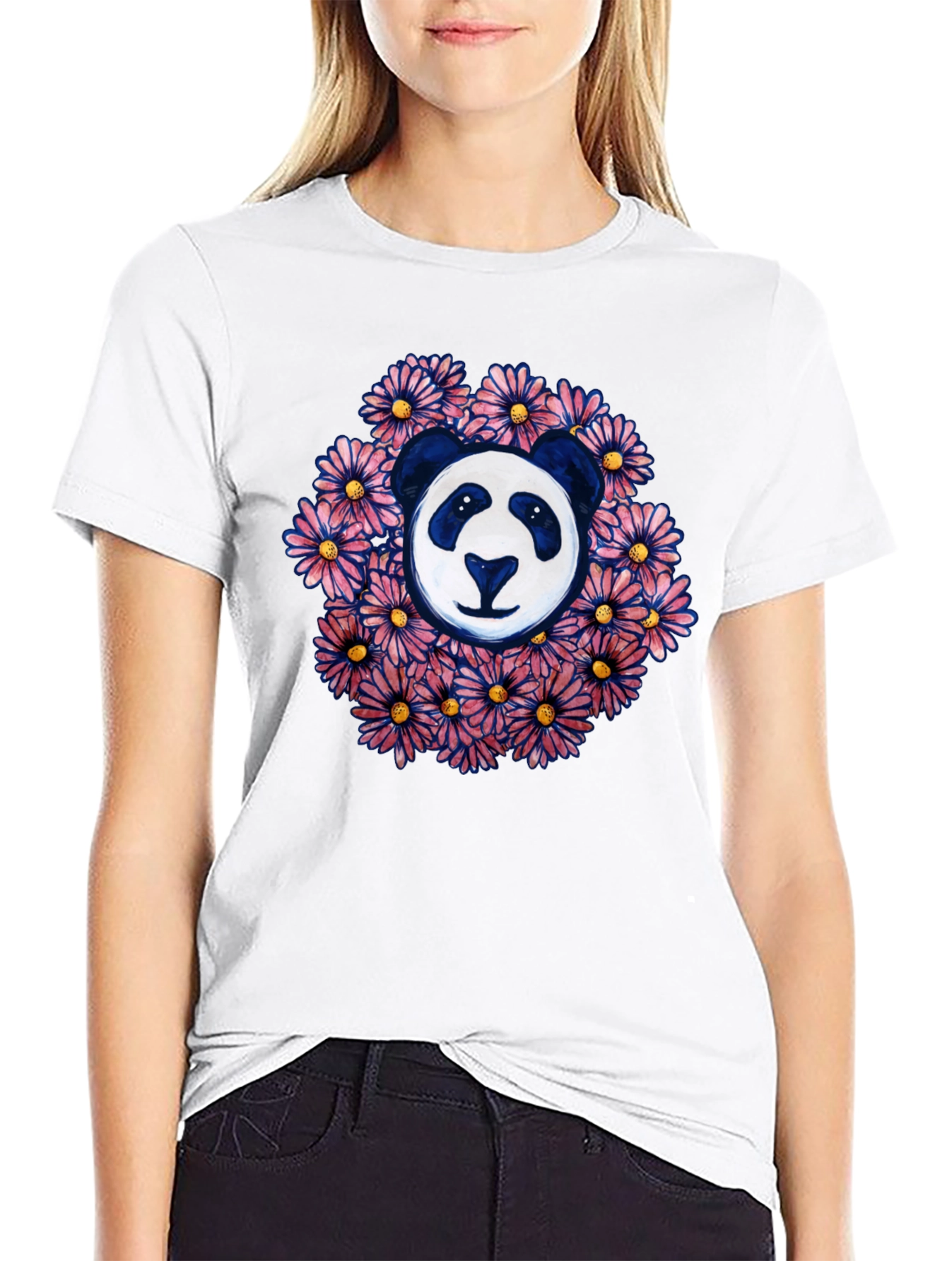 Panda Surrounded by Flowers Graphic T-Shirt