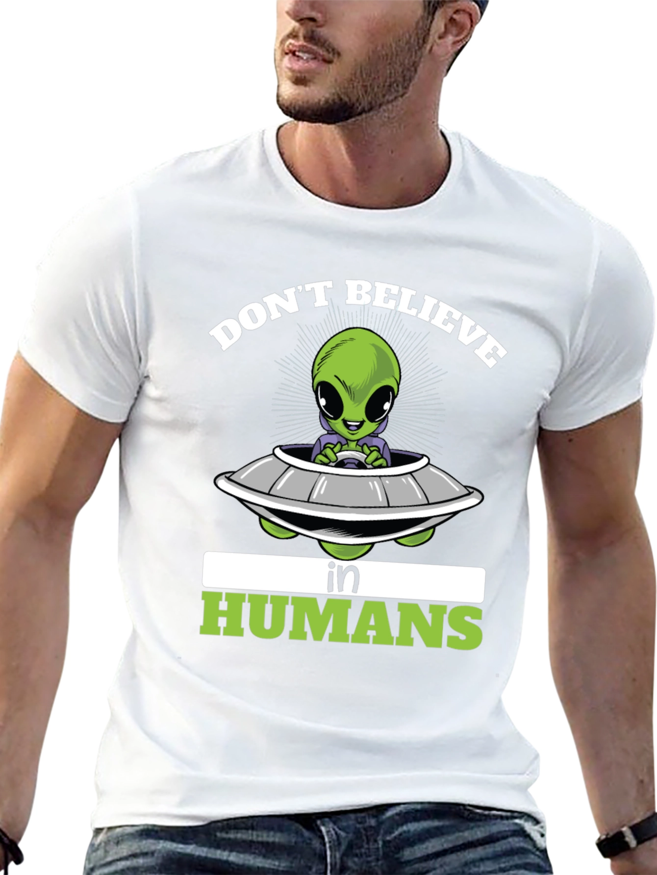 Dont Believe in Humans T-Shirt - Alien Spaceship Graphic