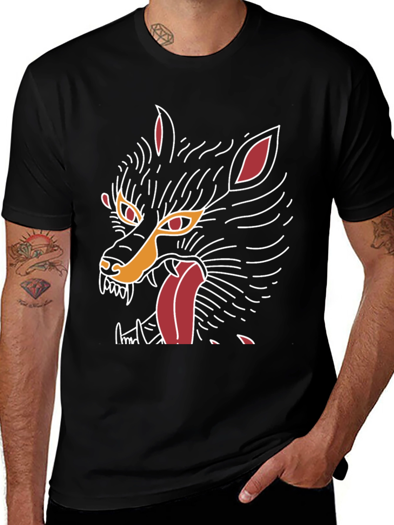 Mens Black Graphic Tee - Wolf Design