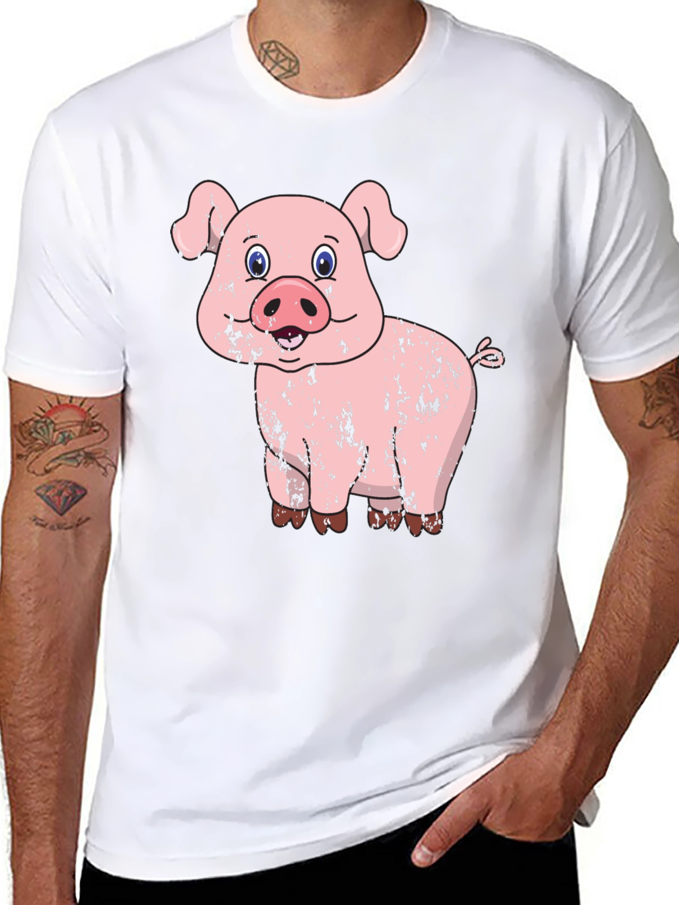 Pig Graphic Tee - Distressed Cartoon Pig Design