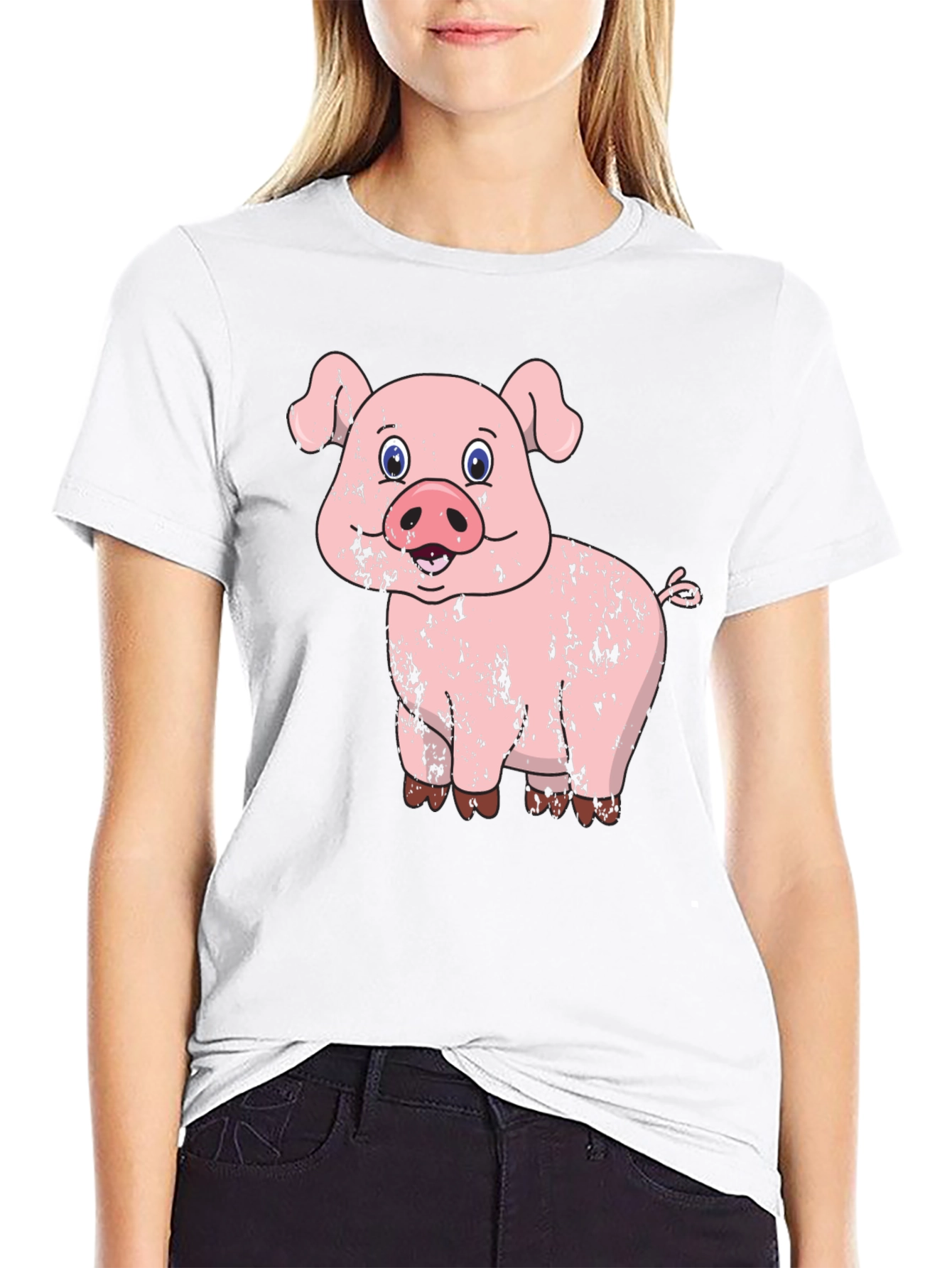 Pig Graphic Tee - Distressed Cartoon Pig Design