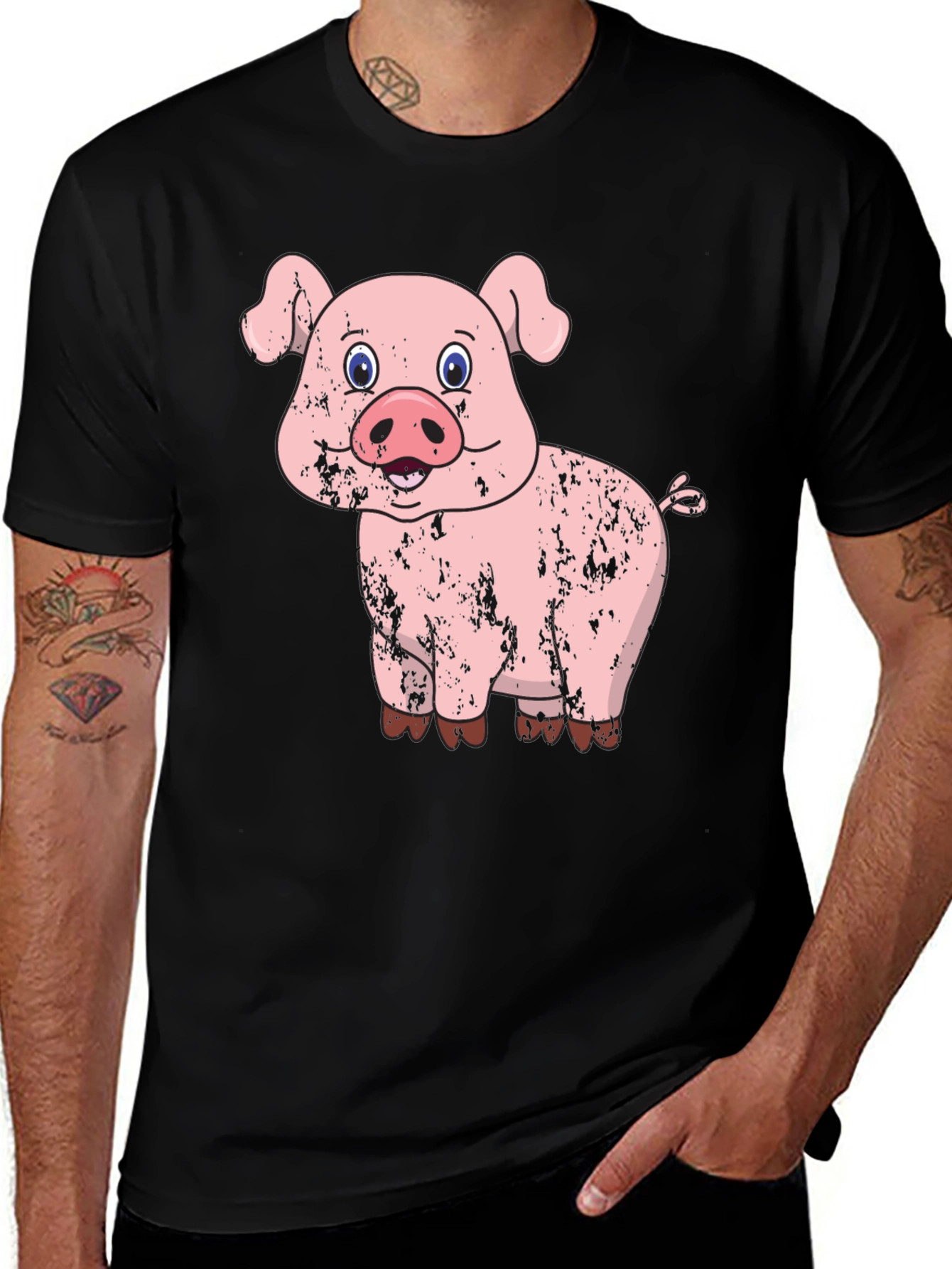 Pig Graphic Tee - Distressed Cartoon Pig Design