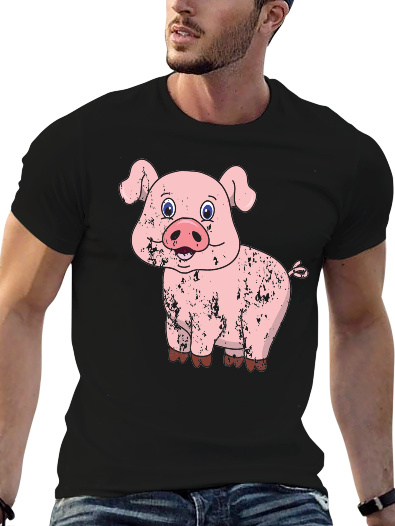 Pig Graphic Tee - Distressed Cartoon Pig Design