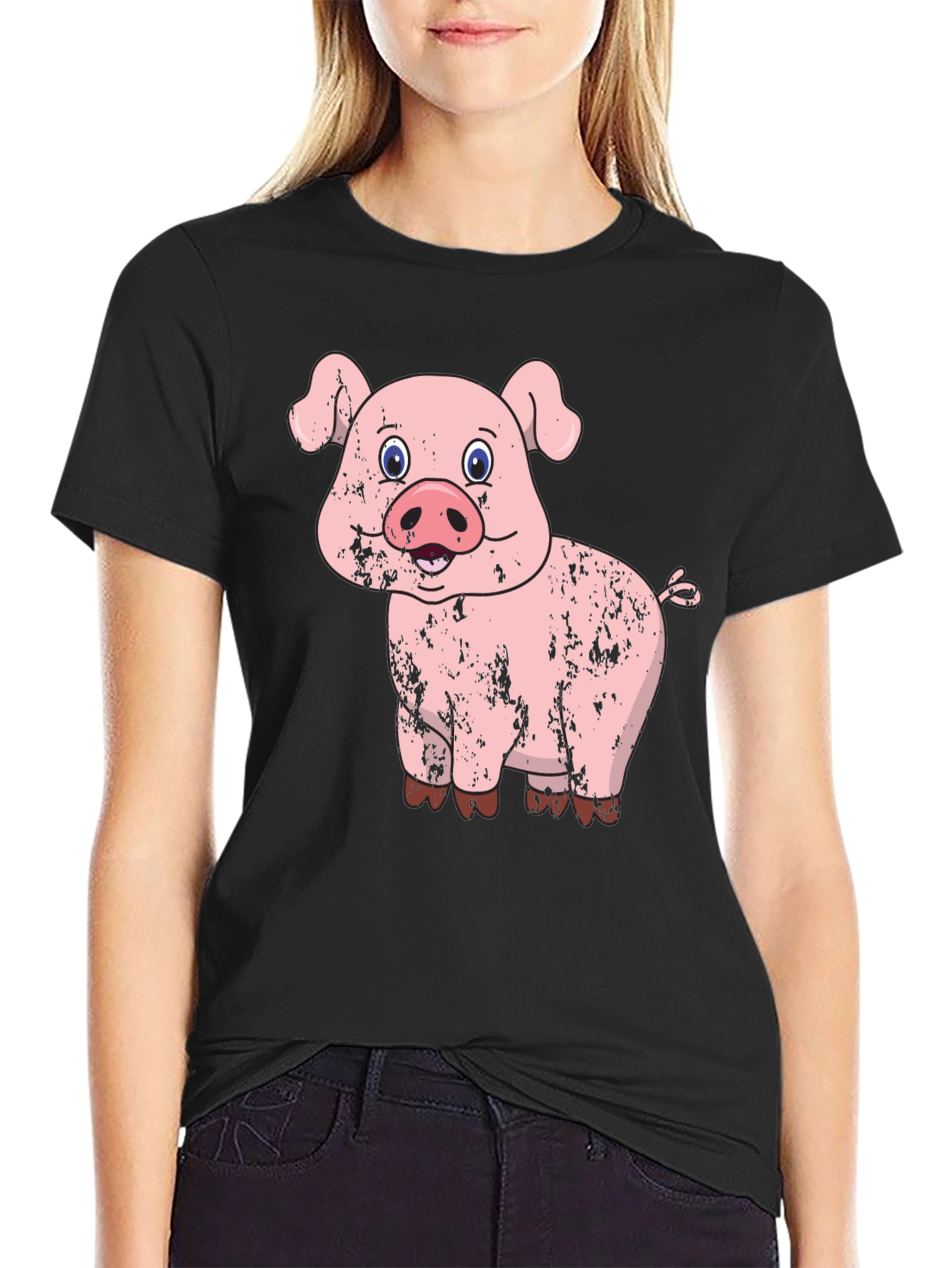 Pig Graphic Tee - Distressed Cartoon Pig Design
