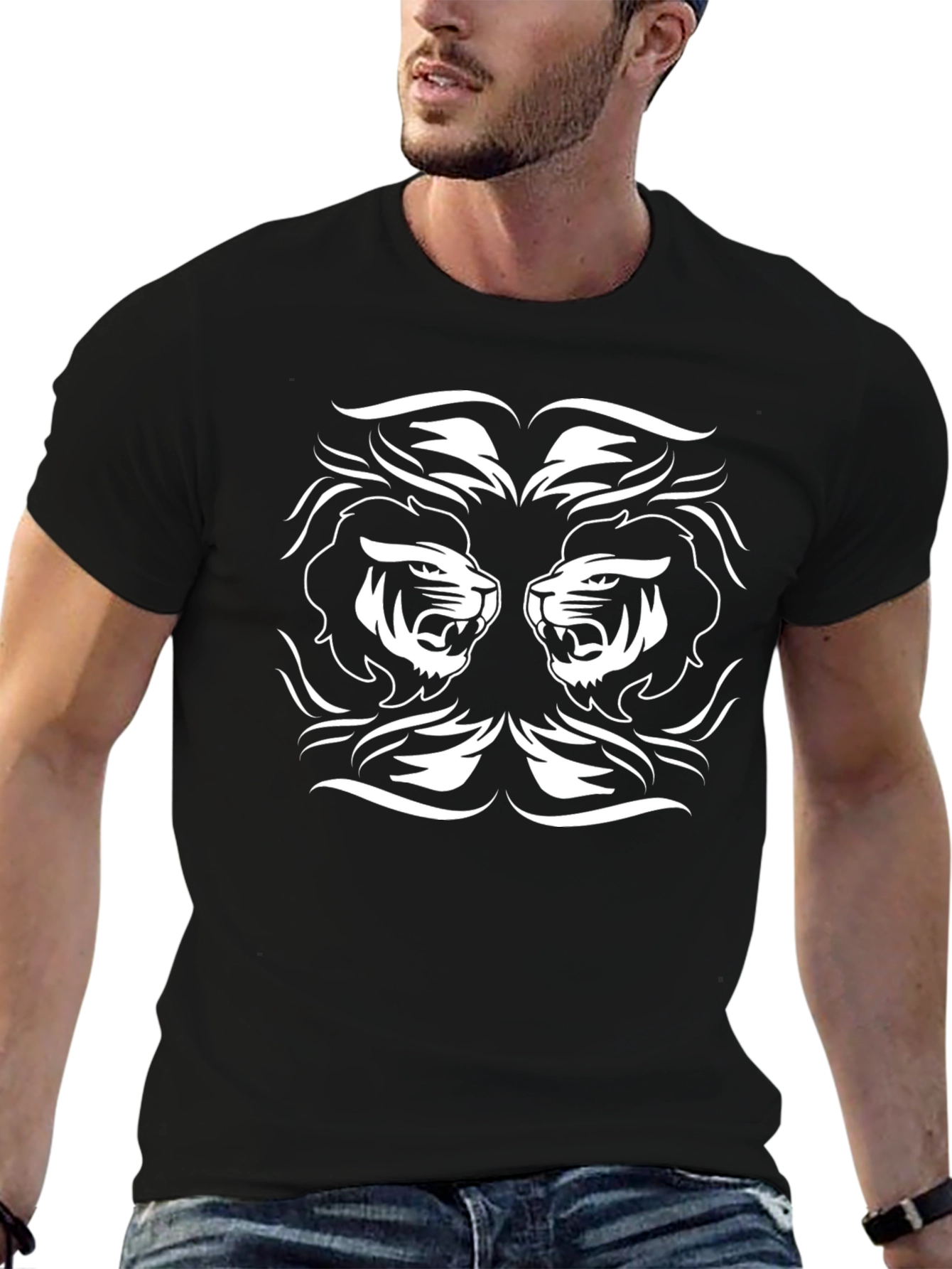 Black T-Shirt with Twin Lion Design
