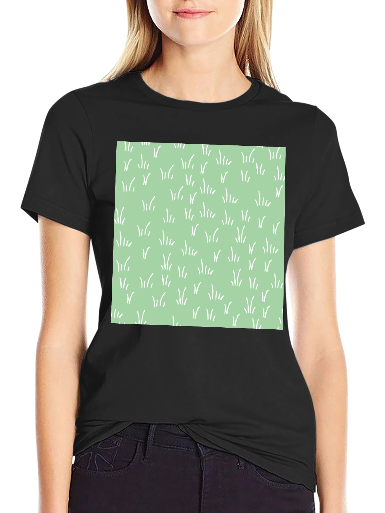 Trendy Black Tee with Grass Design