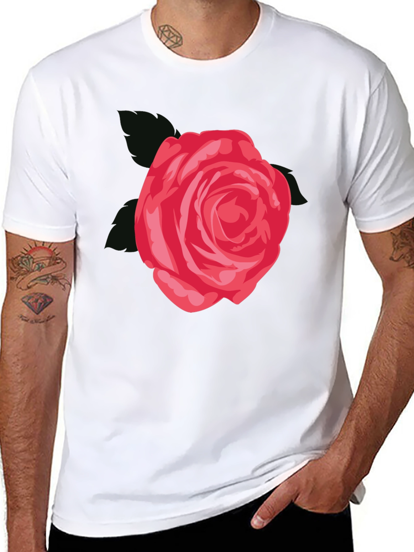 Mens Black T-Shirt with Red Rose Graphic