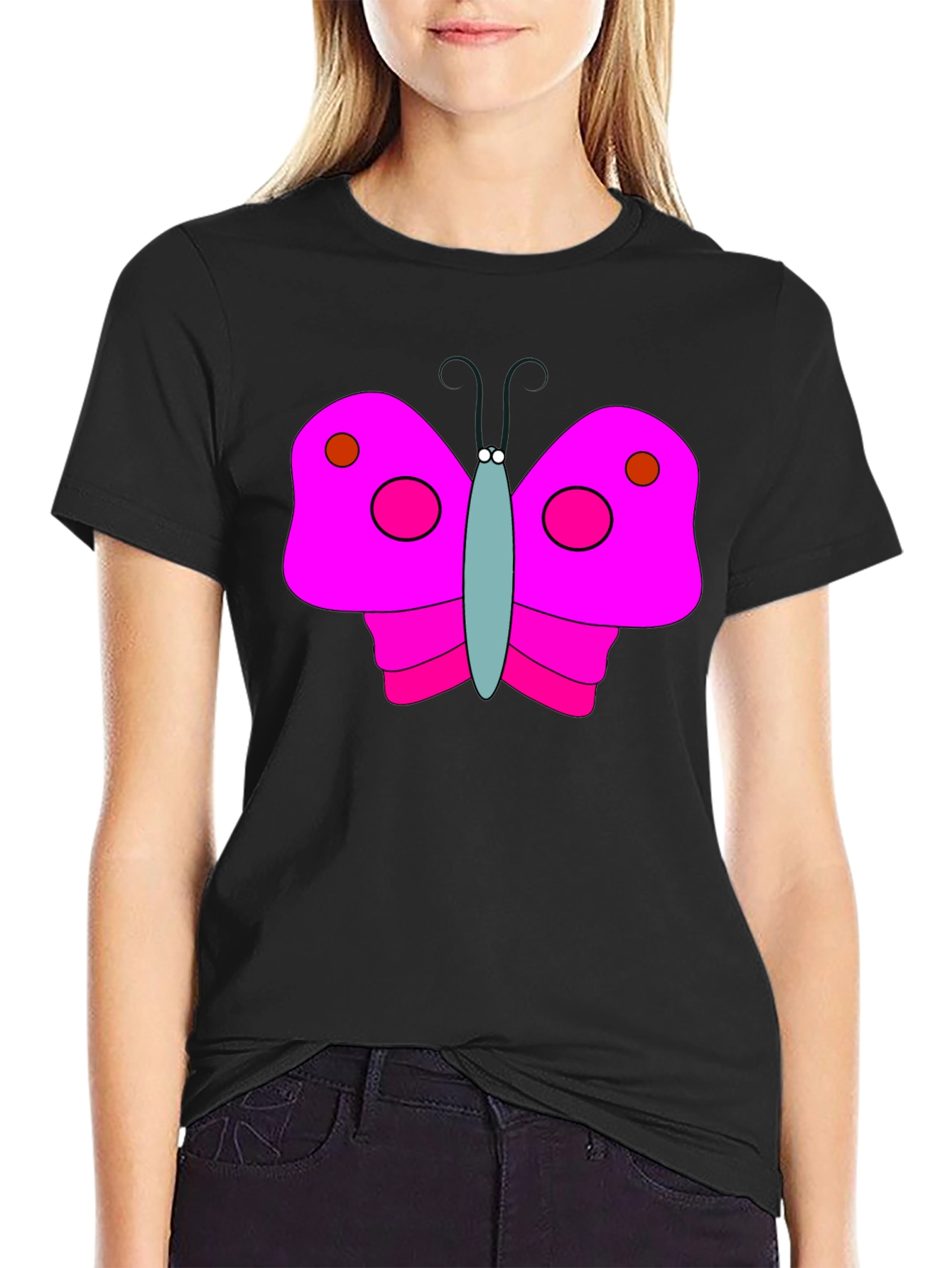Pink Butterfly Graphic Black T-Shirt