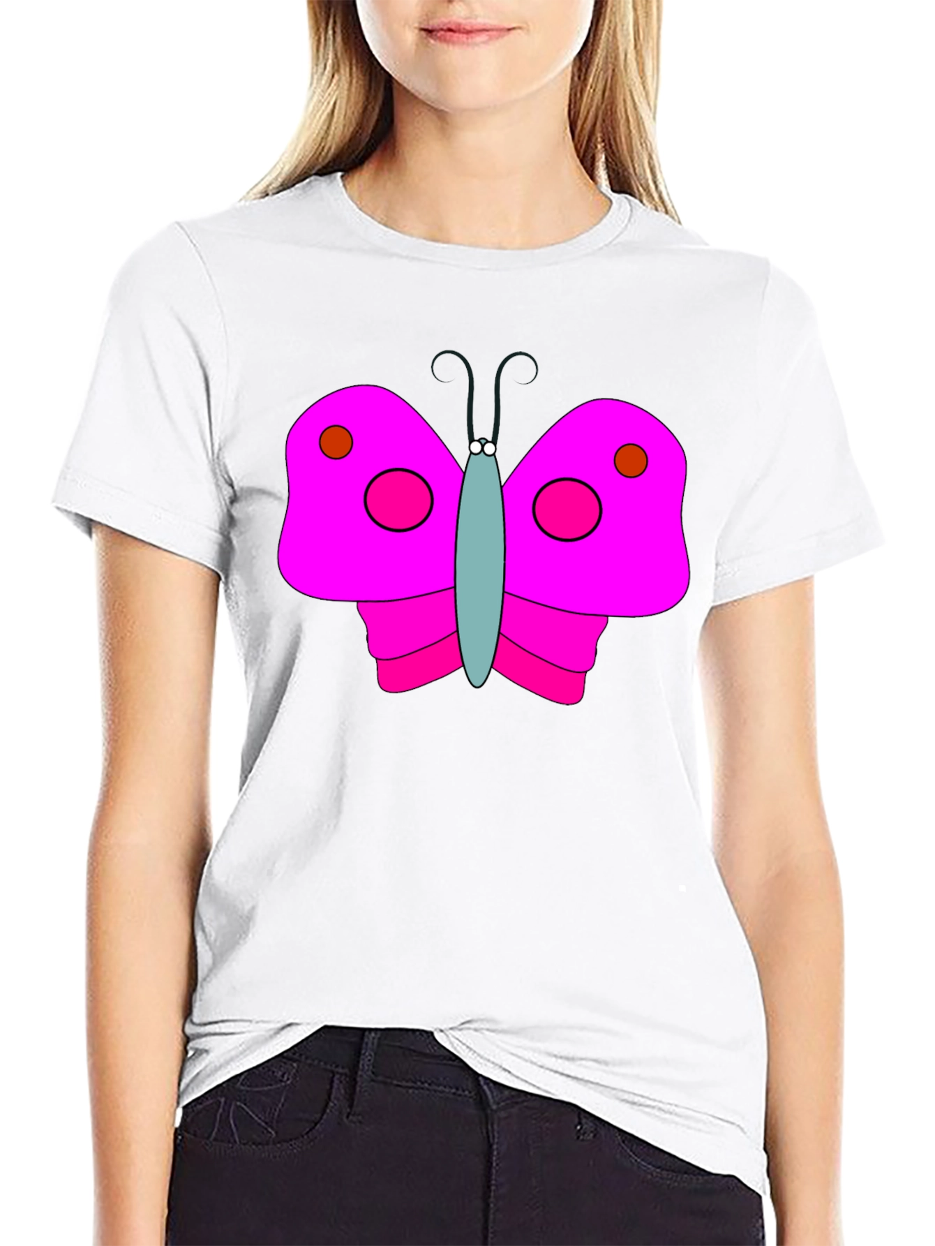 Pink Butterfly Graphic Black T-Shirt