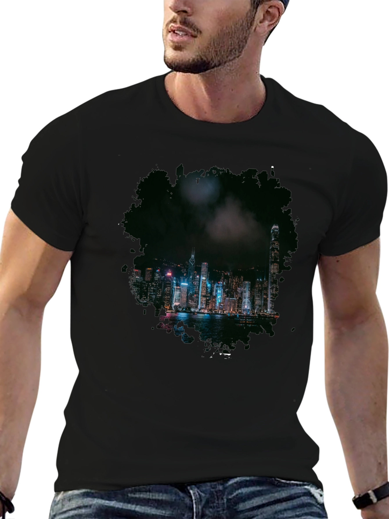 Night Cityscape Graphic Tee - Mens Black T-Shirt