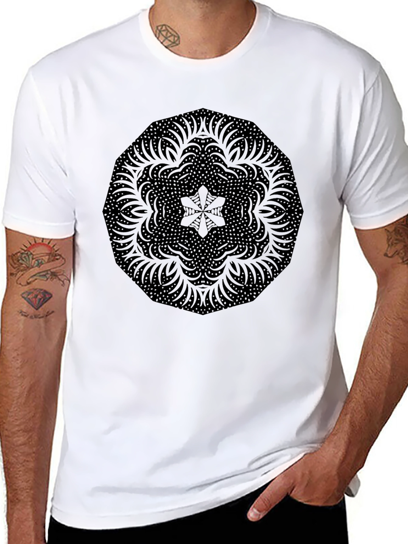 Black Mandala Print Crew Neck T-Shirt
