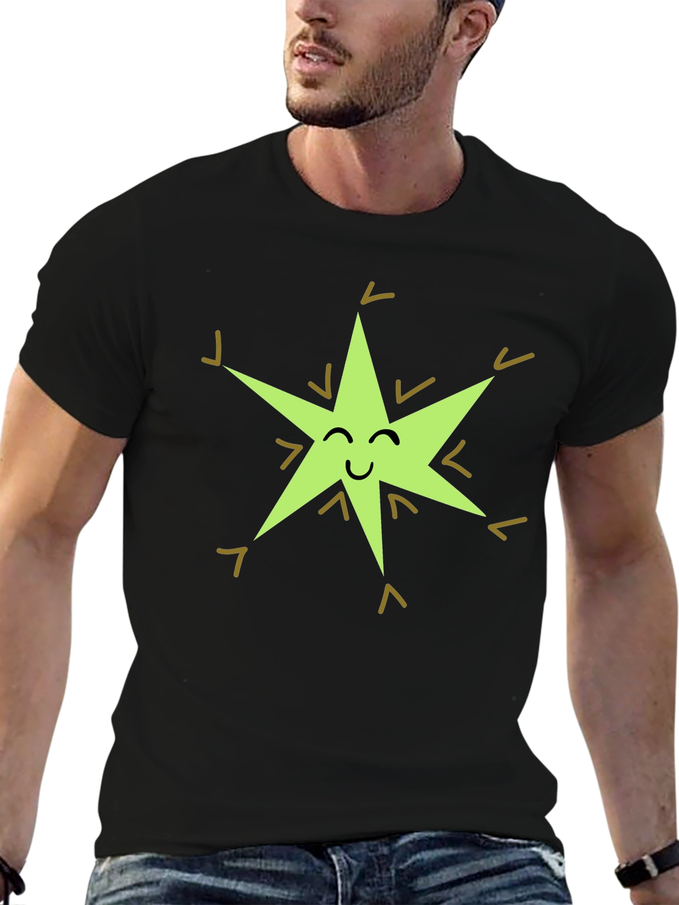 Happy Star Graphic Tee - Black Cotton Blend