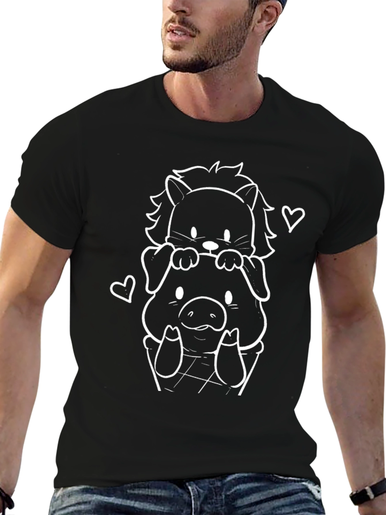 Cute Cartoon Animal Stack Black T-Shirt