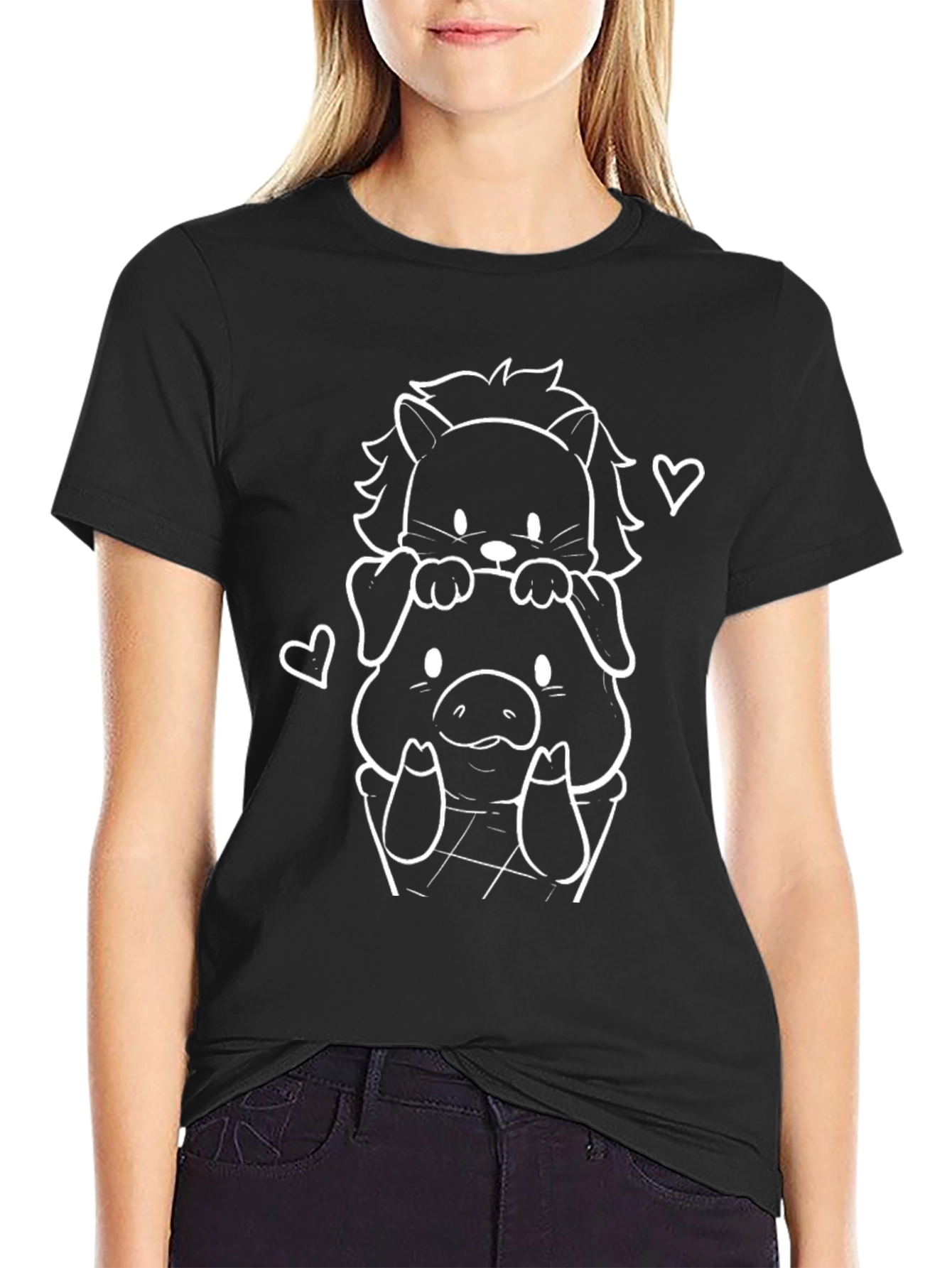 Cute Cartoon Animal Stack Black T-Shirt