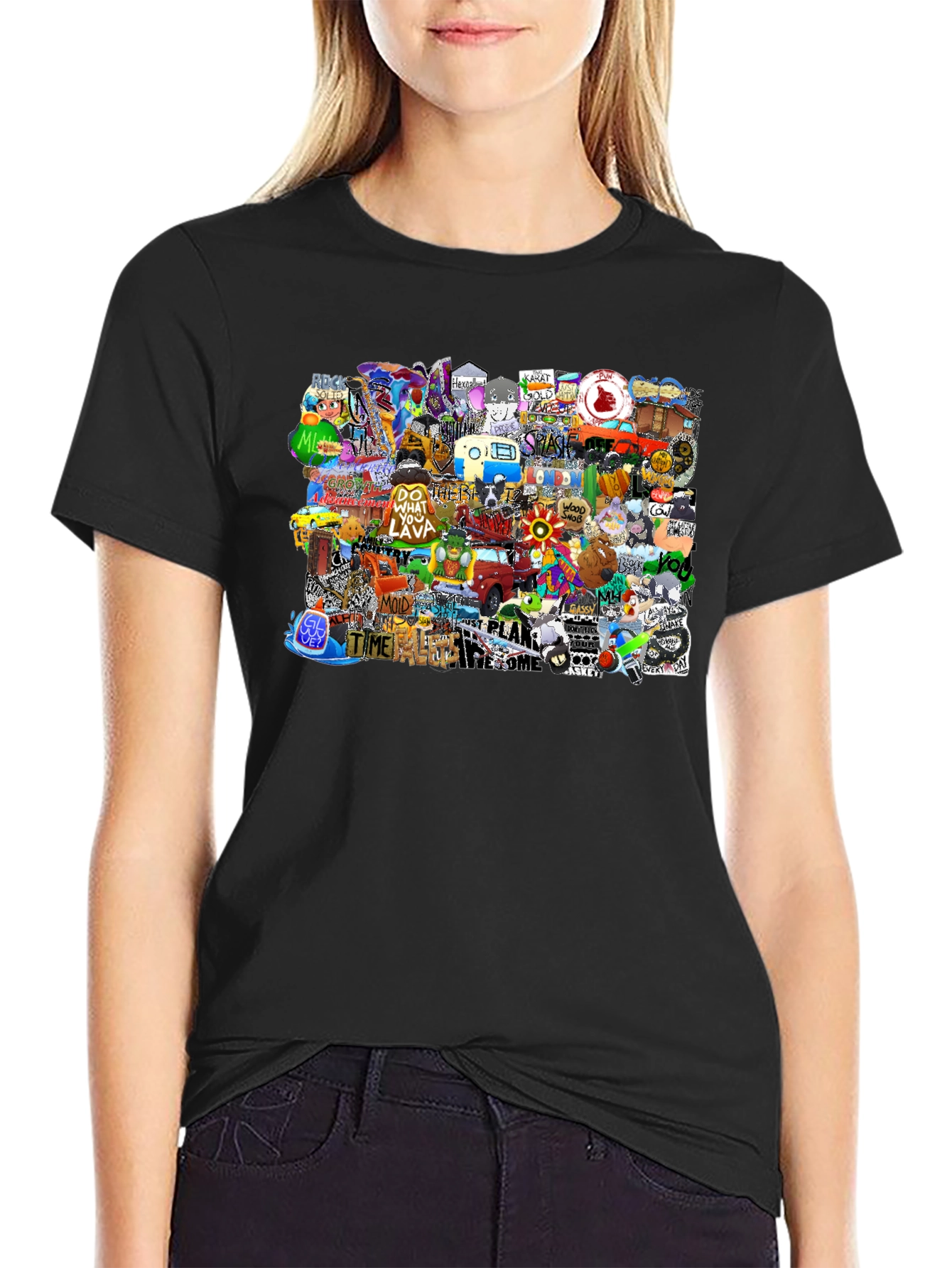 Funky Patchwork Graphic Print Black T-Shirt